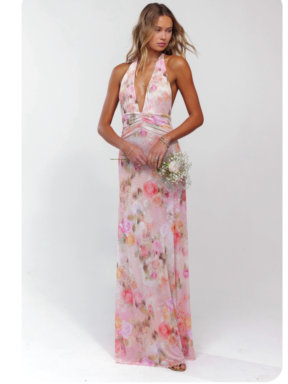 RESA Floral Halter Maxi Dress in Pink and Cream